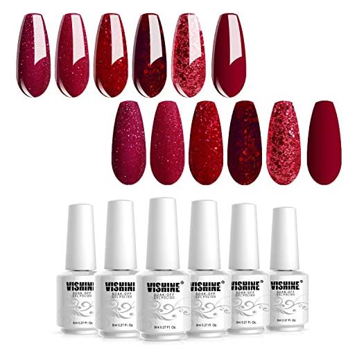 Vishine set di smalti gel per unghie, colore rosso glitterato, set di 6 colori per nail art e manicure, asciugatura uv o led