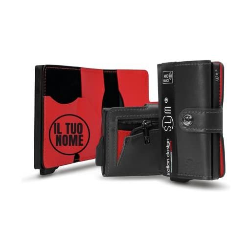 SLim portafoglio personalizzabile porta carte di credito schermato portacarte anticlonazione uomo donna personalizzabile (nero e rosso con zip)