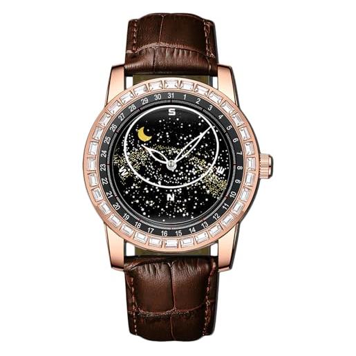 RORIOS orologio quarzo da uomo orologio da polso luminoso cielo stellato orologio elegante cinturino in pelle orologio moda analogico marrone scuro