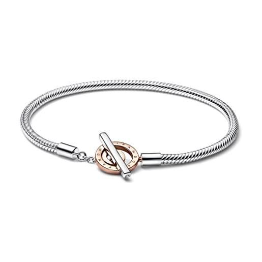 PANDORA signature two-tone logo t-bar snake chain sterling silver and 14k rose gold-plated toggle bracelet, 20
