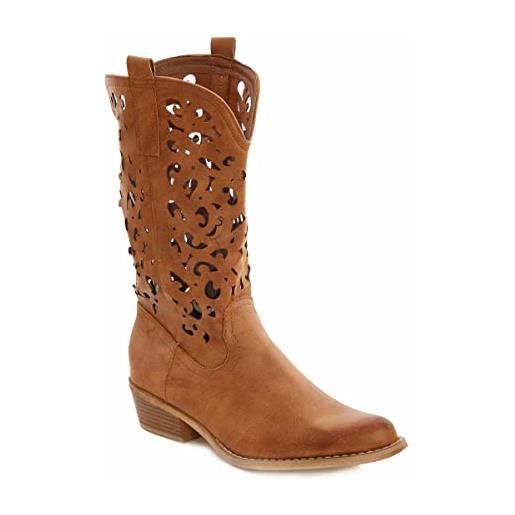 STILL scarpe donna stivali texani cowboy traforati estate nero punta moda nuovi g629 (camel, numeric_38)