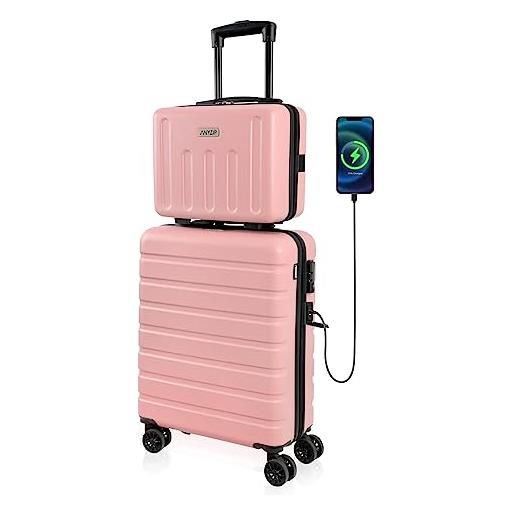 AnyZip set di 2 valigia e borsa da toilette, bagaglio a mano pc abs valigia trolley rigido ultra leggero con usb chiusura tsa e 4 ruote doppie girevoli (rosa)