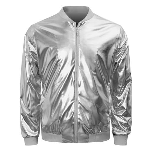 COSAVOROCK uomo giacca metallica anni '70 disco fancy dress costume in paillettes lucide argento xxl
