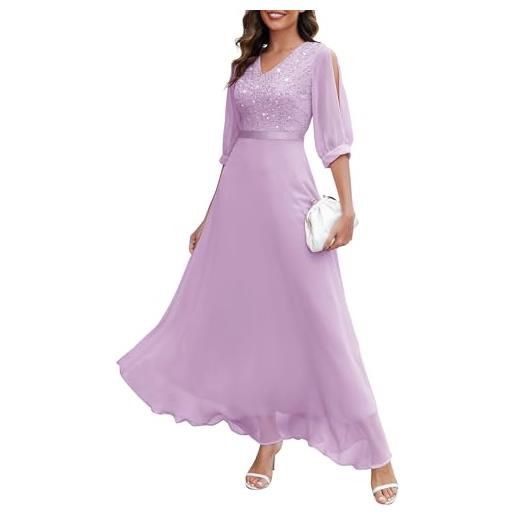 Wedtrend abito da sera elegante per matrimonio, con scollo a v, in chiffon, da cocktail, da donna, lungo, con maniche divise, abito a mezza manica in pizzo con paillettes, blu mare, xxxl