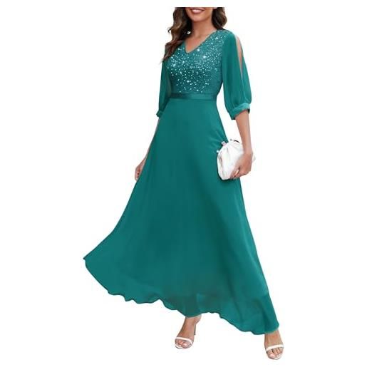 Wedtrend abito da sera elegante per matrimonio con scollo a v in chiffon, abito da cocktail da donna lungo, abito da sera con maniche divise, abito da cocktail in pizzo con paillettes con maniche a