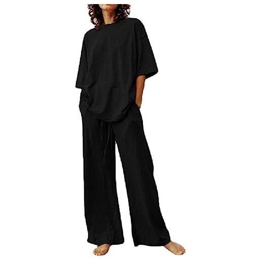 FUZYXIH pigiama in lino di cotone per donna pigiama a maniche corte completi in 2 pezzi pigiama morbido set da notte set da salotto pigiama da donna pigiama in due pezzi