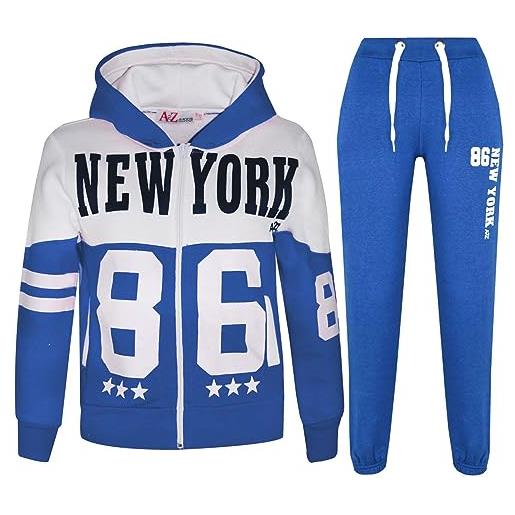 A2Z 4 Kids bambini tuta ragazzi ragazze new york 86 stampa cappuccio & fondo jogging suit 7 8 9 10 11 12 13 anni, blu reale, 13 anni