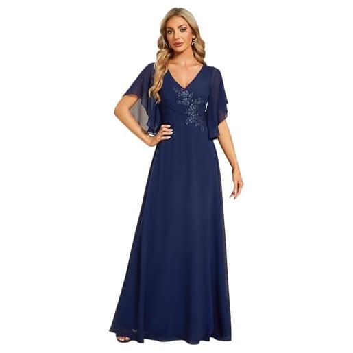 Ever-Pretty gonna della mamma stile lungo scollo a v maniche a volant abito da sera abito elegante donna cerimonia blu navy 42