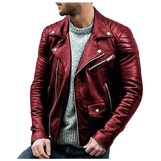 RICOCHO giacca corta in ecopelle con risvolto da uomo, cappotto in pelle da motociclista da uomo, giacche in pelle slim fit retrò