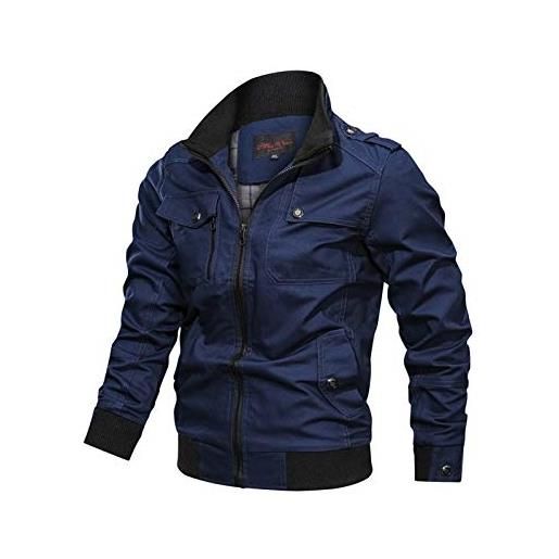 Minetom giacca militare da uomo giacca casual leggera in cotone colletto stand manica lunga multi tasche cappotto blu xl