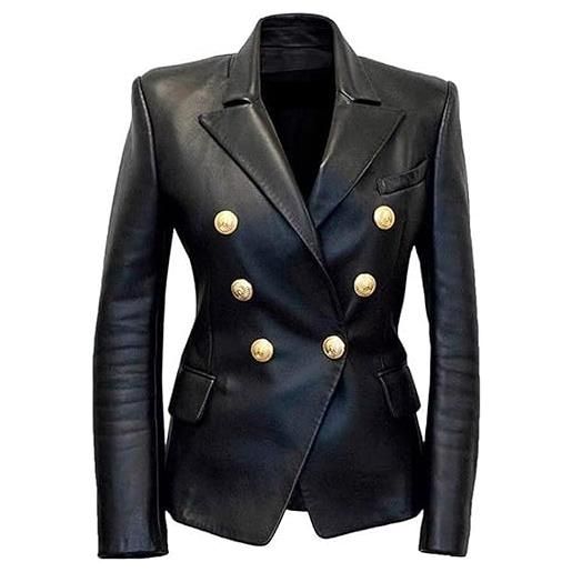 Leather Shark kim kardashian - giacca slim fit a doppio petto da donna, con bottoni rosa dorati, giacca in vera pelle da donna. , nero , m