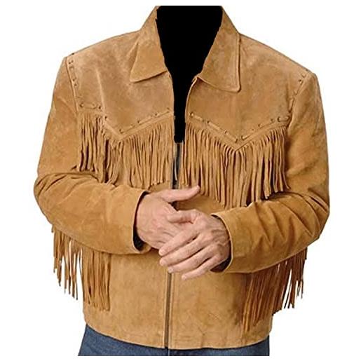 HiFacon giacca in pelle scamosciata tradizionale da uomo con frange | stile cappotto con frange da cowboy occidentale, marrone - giacca con frange, l