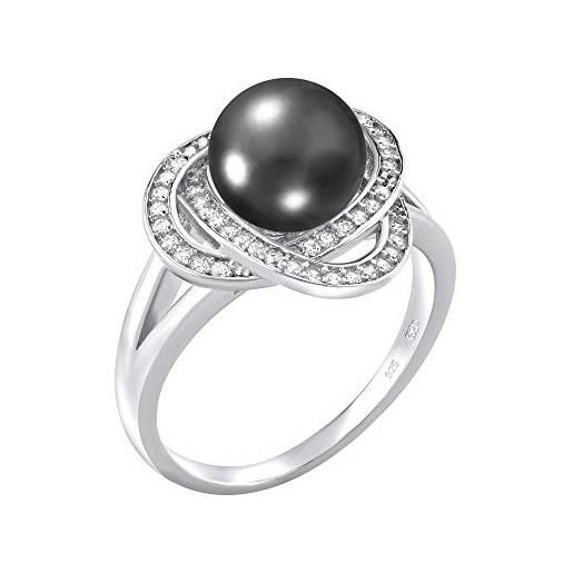SILVEGO anello da donna in argento 925 fiore con vera perla nera e zirconia, lps0044b