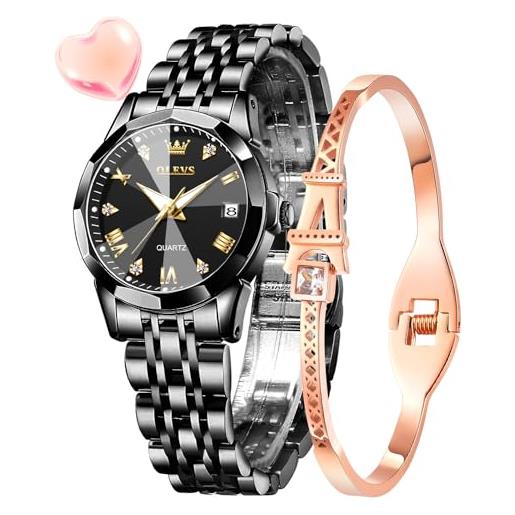 OLEVS orologio da donna con diamanti, analogico, al quarzo, da donna, in acciaio inox, impermeabile, luminoso, alla moda, elegante, set regalo, 9931l nero