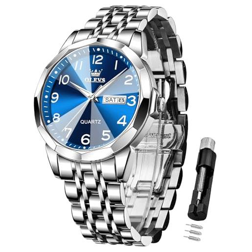 OLEVS orologi da uomo, abito da lavoro, analogico, digitale, al quarzo, in acciaio inox, impermeabile, luminoso, data, di lusso, 9970 g argento/blu