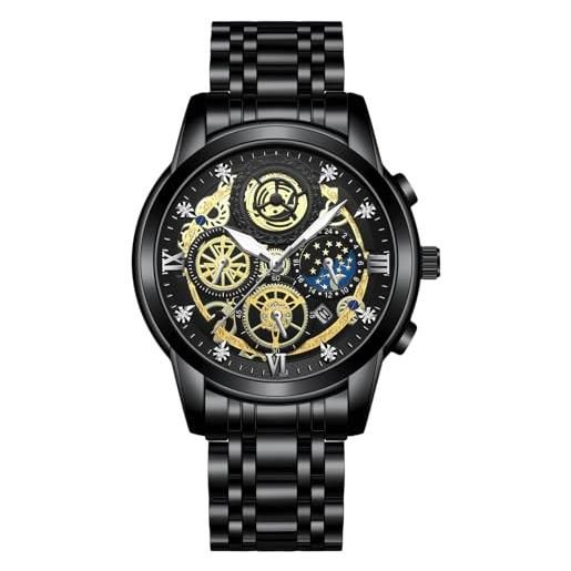 RORIOS Orologio Uomo Analogico al Quarzo Orologio Luminoso Calendario Orologio con Cinturino in Acciaio Inox Diamanti Orologio da Polso per Uomo Oro Bianco