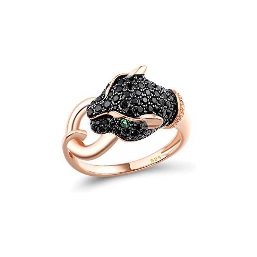 Santuzza anello panther con testa di leopardo e spinello nero placcato oro rosa 14 carati anello in argento sterling da donna, metallo, spinello nero. 
