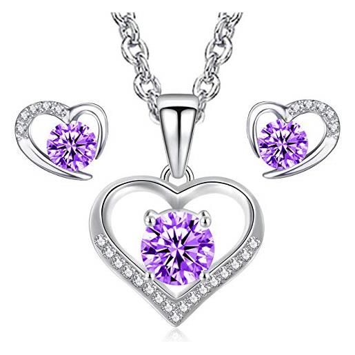 LYL.Adorer parure gioielli donna, collana cuore orecchini set, 5a cubic zirconia viola, argento sterling 925, regali per donna