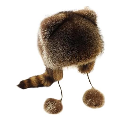 TSBB cappello di procione, cappello di peluche addensato per genitori-bambini cappello di peluche antivento con orecchie e coda di procione carino cappello invernale mongolo caldo per adolescenti