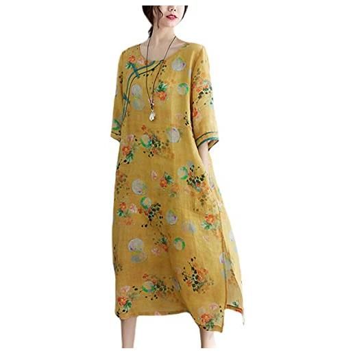 YM YOUMU donne cinese floreale qipao camicia abito etnico orientale lungo rana pulsante camicetta top, stile 01-giallo, large