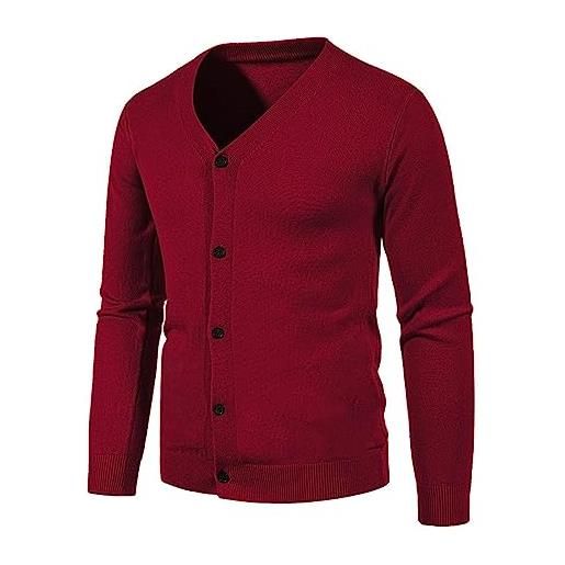 CUTeFiorino cardigan da uomo, casual, tinta unita, scollo a v, vestibilità stretta, maglione caldo cardigan da uomo, colore: rosso, xl