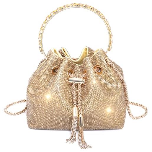 MESU borsa da sera da donna con strass e cristalli scintillanti, borsetta a tracolla per festa di nozze, oro, taglia unica
