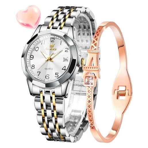 OLEVS orologi da donna oro argento facile da leggere con numeri diamanti orologi da donna giappone analogico al quarzo impermeabile luminoso data orologio da polso set regalo, 9970l