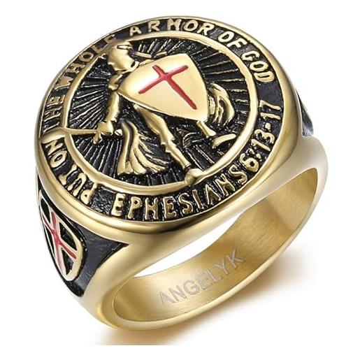 BOBIJOO JEWELRY - anello con sigillo croce templare cavaliere simbolo protezione dio in acciaio inox placcato oro - 14 (7 us), d'oro - acciaio inossidabile 316