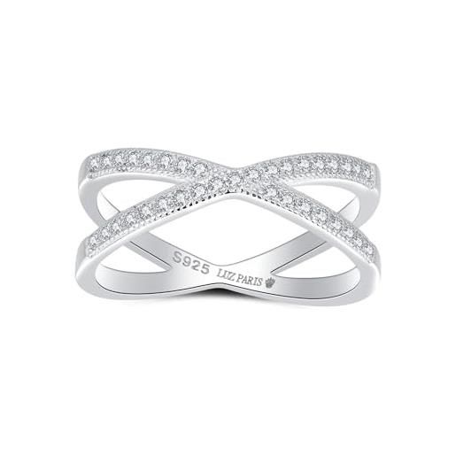 LUZ PARIS - anello da donna in argento sterling 925 composto da 35 zirconi bianchi forma rotonda incastonati, anello a forma di x - (dimensioni da 10 a 20), rodio su argento 925, argento sterling, 