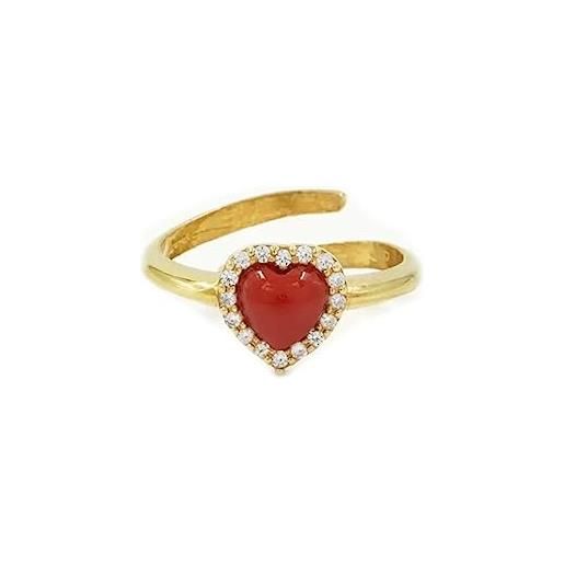 gioiellitaly anello regolabile argento 925 dorato cuore corallo rosso giro di zirconi bianchi gioiello artigianale