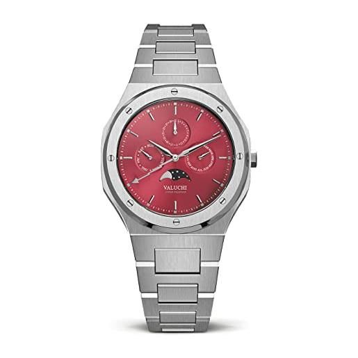 Valuchi moda lusso uomo lunar calendar impermeabile acciaio inossidabile moonphase vetro zaffiro giapponese quarzo analogico casual watch con data (rosso argento)