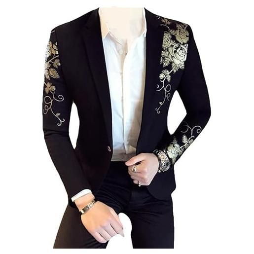 Generic stampa floreale oro un bottone giacca giacca uomo festa di nozze festival elegante vestito sottile giacca uomo costume, nero, l