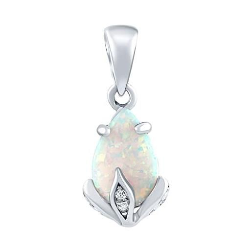 SILVEGO ciondolo da donna in argento sterling 925 a goccia con opale sintetico bianco o blu e zircone brilliance, argento sterling
