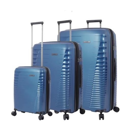 Totto - set di valigie rigide - traveler - poseidon - colore blu - tre misure di valigie - sistema espandibile - sistema tsa - fodera in poliestere, blu, travel
