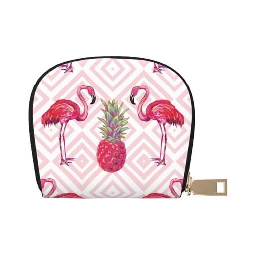 LAMAME portafoglio porta carte di credito con cerniera e guscio in pelle stampata con tabellone da basket, ananas con fenicottero rosa. , taglia unica