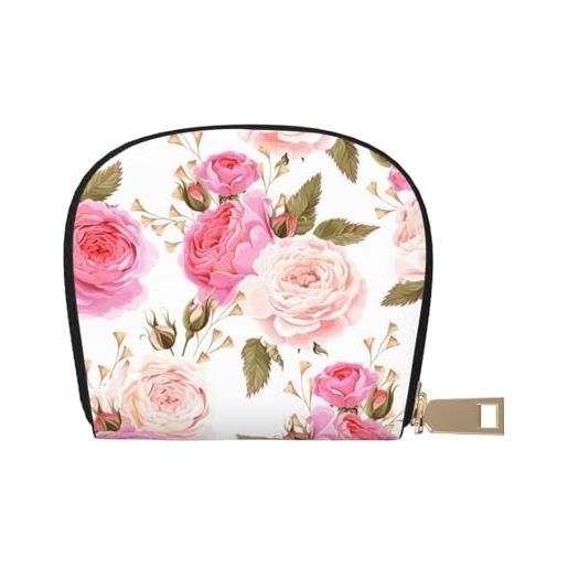 LAMAME portafoglio porta carte di credito con cerniera e guscio in pelle stampata con tabellone da basket, fiore di rosa. , taglia unica