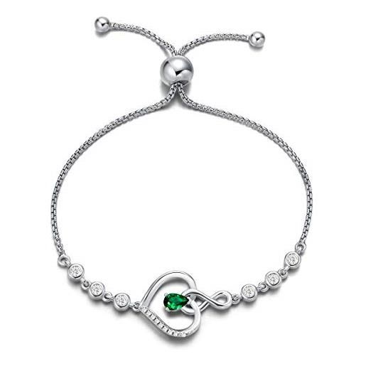 Agvana bracciali da donna, regolabile braccialetto infinity heart in argento sterling 925, portafortuna di maggio smeraldo bracciale pietra gemma regalo di gioielleria per donna regalo