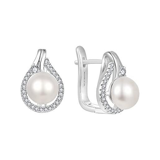 JO WISDOM orecchini cerchio ovale argento 925 donna con 3a zirconia cubica, orecchini di perle d'acqua dolce da 8mm