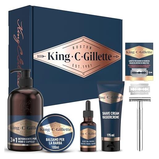 King C. Gillette kit regalo gold, per cura della barba, rasoio di sicurezza + 15 lamette + detergente, balsamo e olio per barba e viso + gel da rasatura