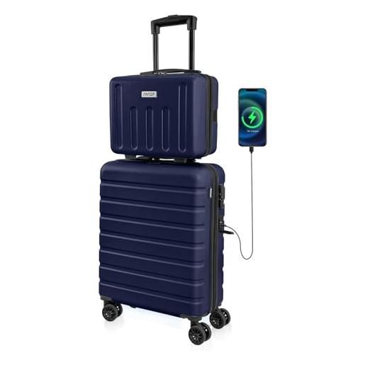 AnyZip set di 2 valigia e borsa da toilette, bagaglio a mano pc abs valigia trolley rigido ultra leggero con usb chiusura tsa e 4 ruote doppie girevoli (blu scuro)