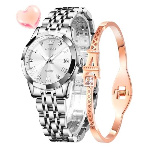 OLEVS orologio da donna con diamanti, analogico, al quarzo, da donna, in acciaio inox, impermeabile, luminoso, alla moda, elegante, set regalo, argento 9931l