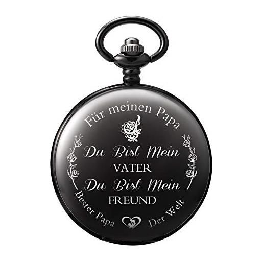 TREEWETO orologio da tasca con incisione, catena da uomo, nero, regalo di compleanno, festa del papà