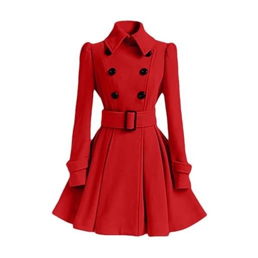 Tdvcpmkk cappotto doppiopetto spesso da donna di media lunghezza caldo a trapezio con orlo allentato a vita stretta cappotto di lana con cintura, rosso, s