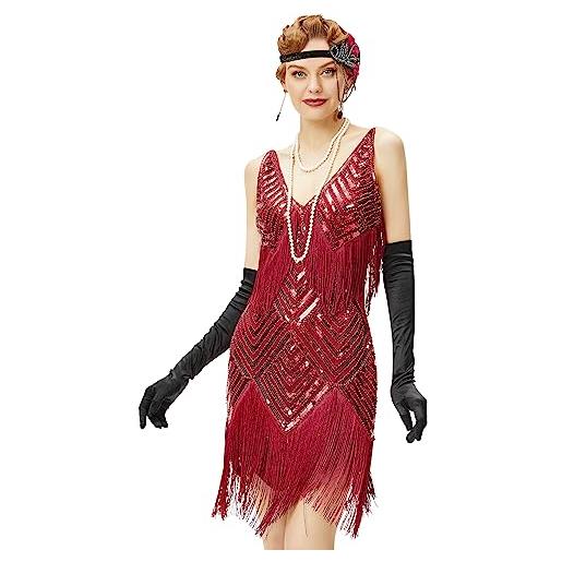 BABEYOND abito da donna anni '20, con scollo a v, stile anni '20, stile grande gatsby, per feste, rosso vinaccia, s