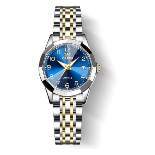 OLEVS orologio da polso da donna in acciaio inox, analogico, al quarzo, con data, impermeabile, quadrante blu argento e oro, bracciale