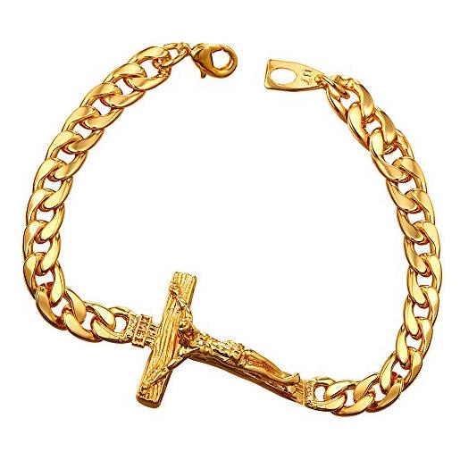 U7 bracciale uomo a catena cubana fascia grande croce gesù inri larga, placcato oro 18k, gioiello religioso cristiano cattolico, con confezione, lunghezza 21 cm, oro