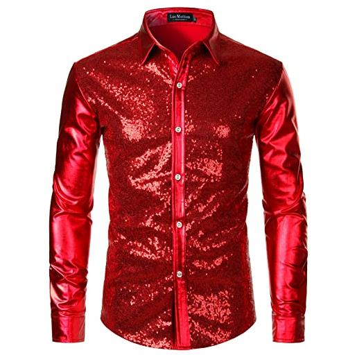 LucMatton camicie da uomo con paillettes metallizzate lucide anni '70, a maniche lunghe, con bottoni, per halloween, cosplay, club, rock, hip hop, feste, rosso, m, in metallo. , m