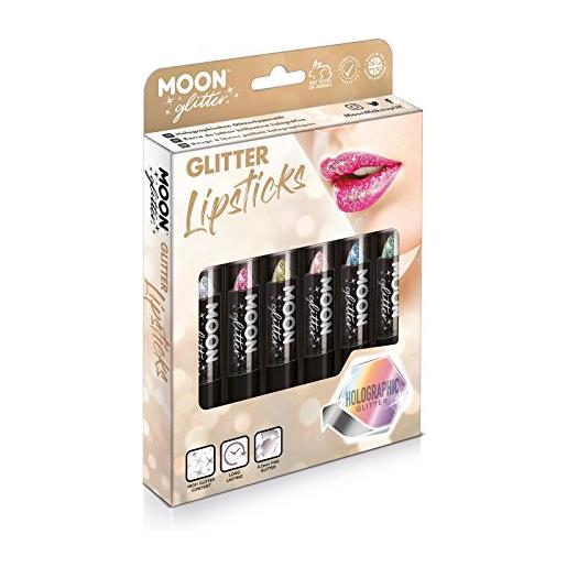 Moon Glitter lucidalabbra glitter olografico by Moon Glitter - 5g - set regalo contenente 6 rossetti - argento, rosa, oro, oro rosa, blu e verde
