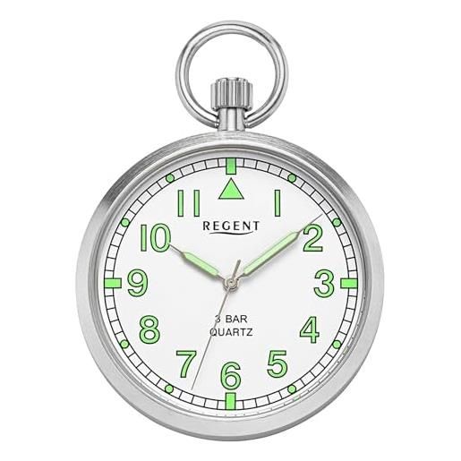 REGENT orologio da tasca da uomo in acciaio inox 43 mm al quarzo numeri arabi con catena in pelle sintetica corta e borsa, p-770 - bianco