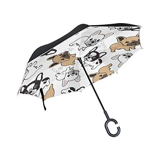 Hengpai - ombrello con bulldog francese, invertito verso l'interno, per auto, antivento, a prova di uv, doppio strato per le donne